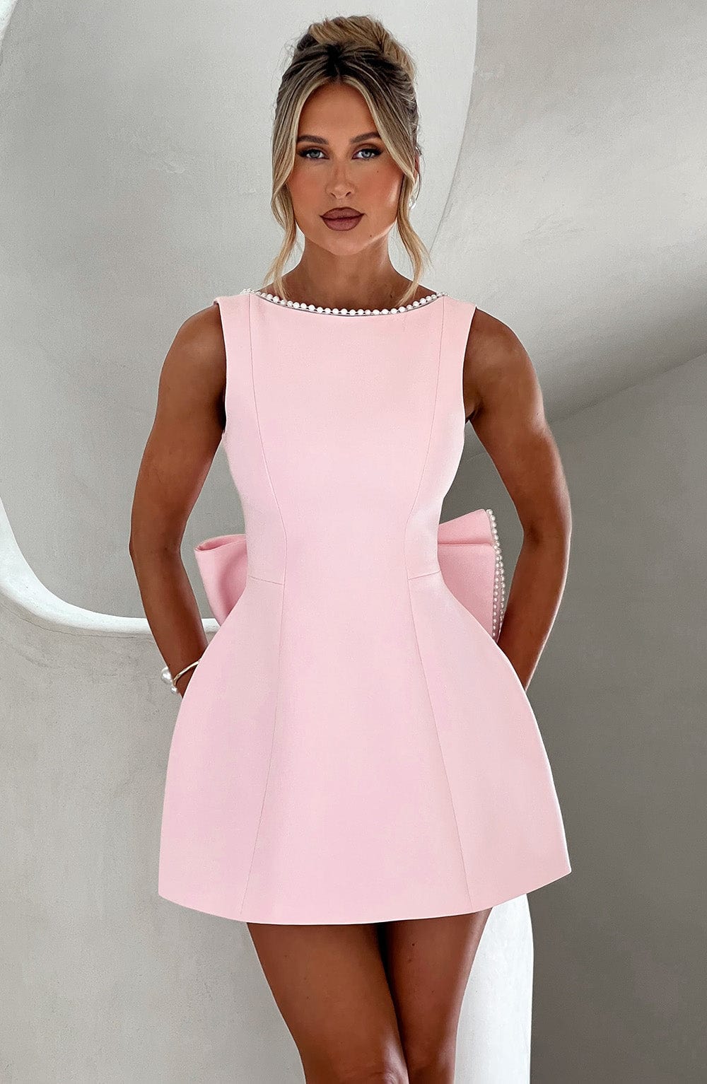 Elena - Romantic Pink Bow Mini Dress