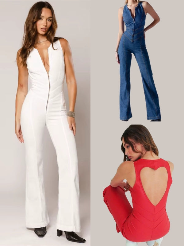 Isabella Jumpsuit – Heart Back Sculpting Fit in White, Blue, and Red. Elegant and flattering jumpsuit with a statement heart-shaped back.