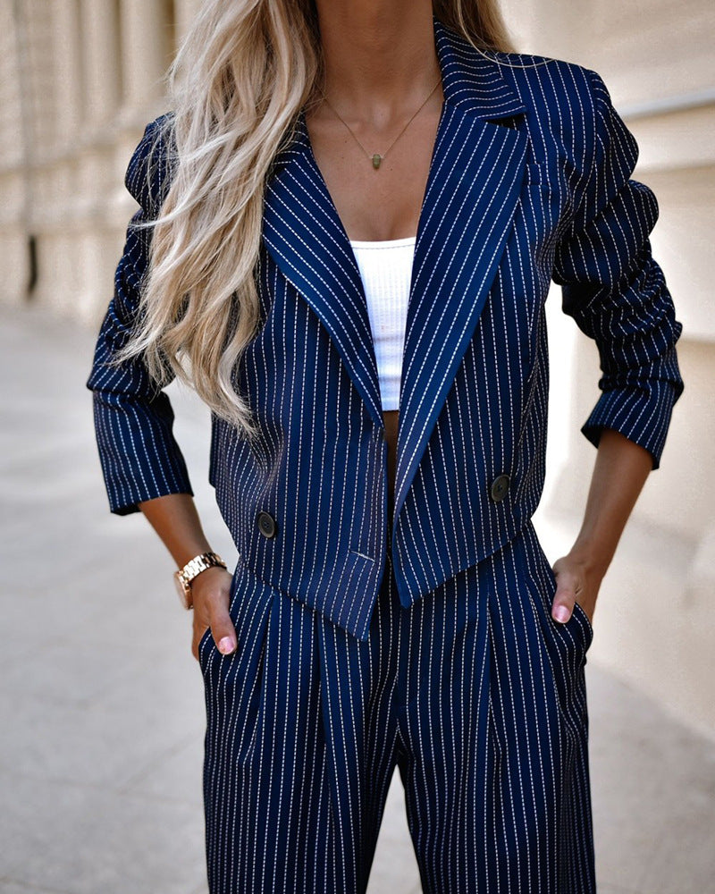 MANDYLANDY Striped Blazer & Straight-Leg Pants Two-Piece Suit - FASHION CHAFRA