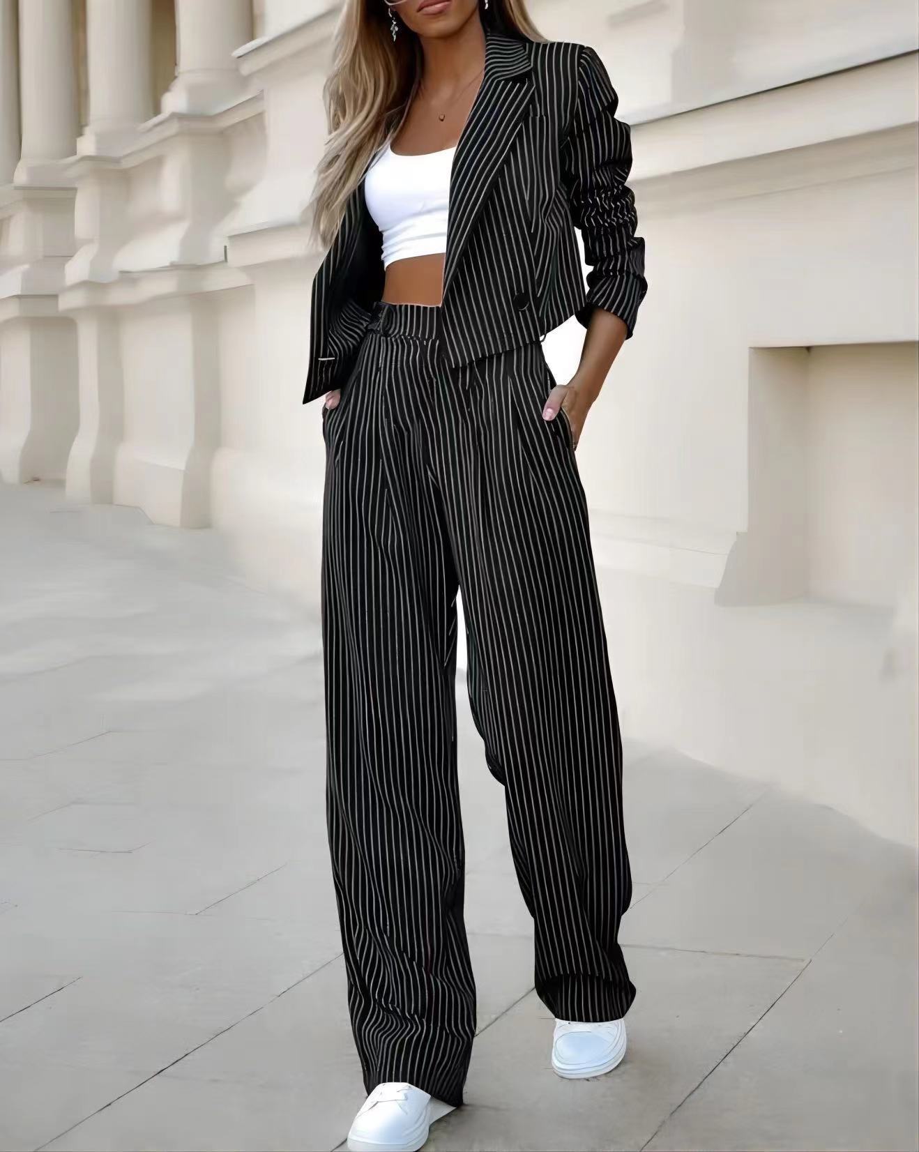 MANDYLANDY Striped Blazer & Straight-Leg Pants Two-Piece Suit - FASHION CHAFRA