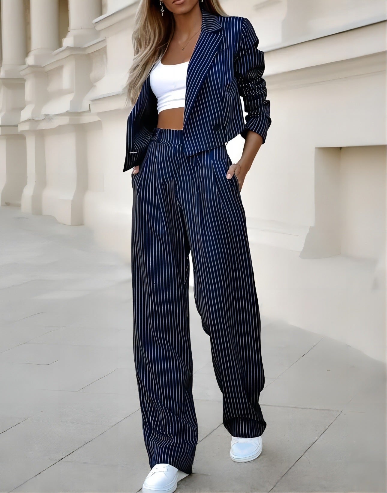 MANDYLANDY Striped Blazer & Straight-Leg Pants Two-Piece Suit - FASHION CHAFRA