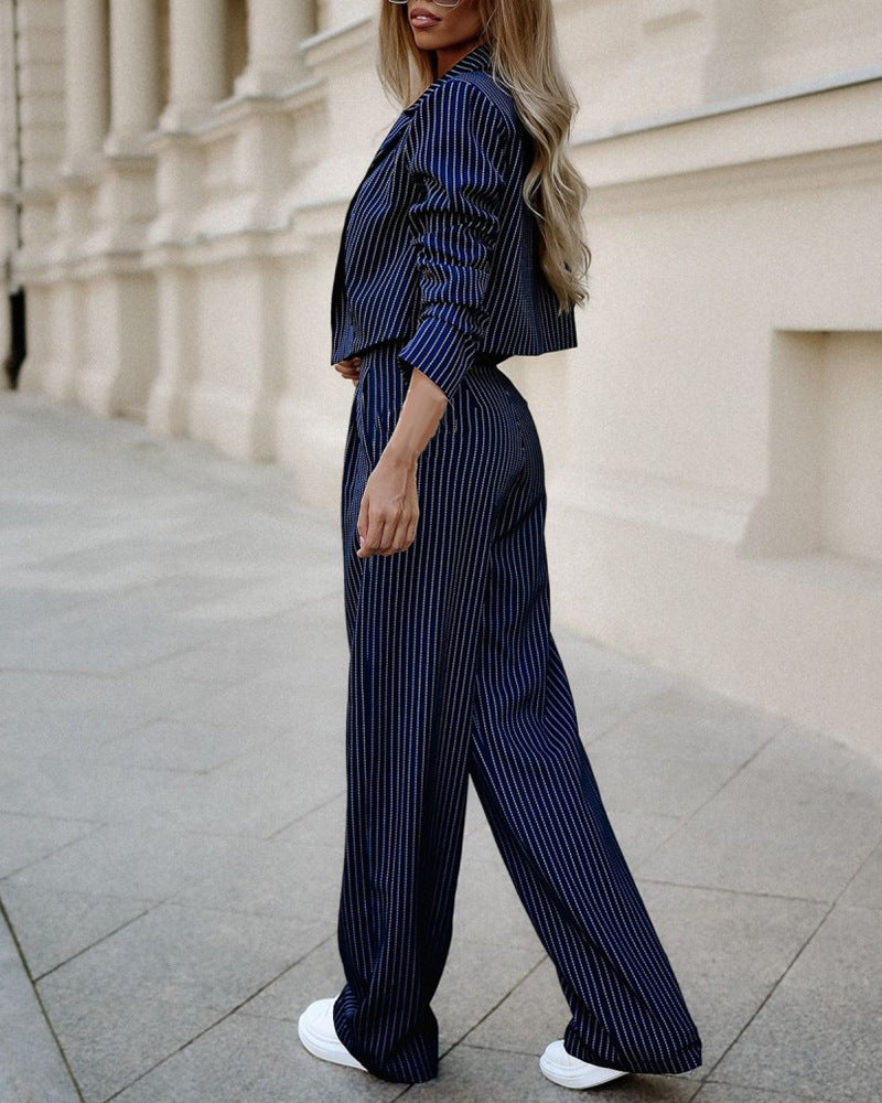 MANDYLANDY Striped Blazer & Straight-Leg Pants Two-Piece Suit - FASHION CHAFRA