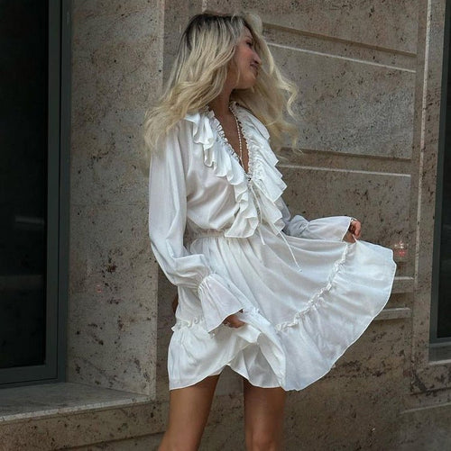 AMARA | Pleated Ruffle Dress with V-Neck - FASHION CHAFRA
