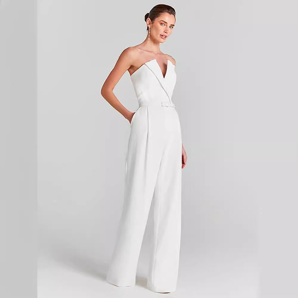  Two-piece white jumpsuit with mesh pearl top and strapless bustier – flat lay