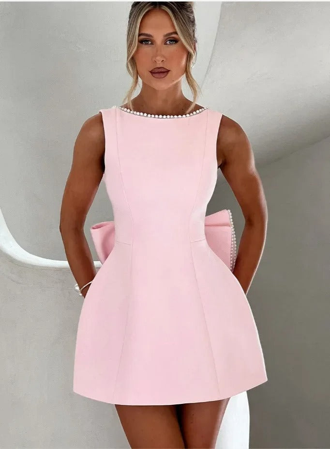 Elena - Romantic Pink Bow Mini Dress