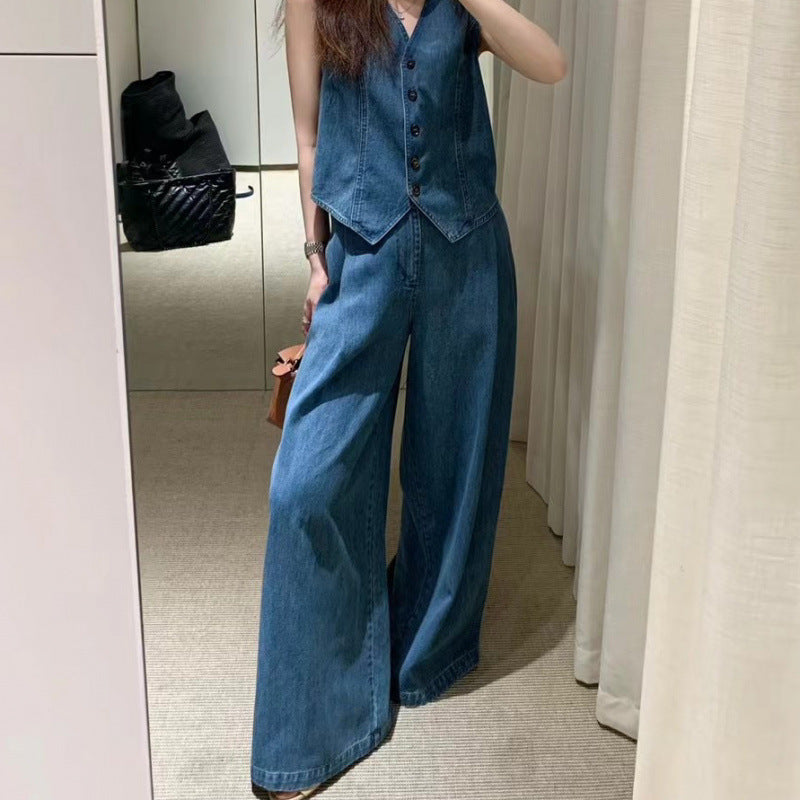 Woman wearing Sienna denim two-piece set – sleeveless vest and wide-leg pants – front view