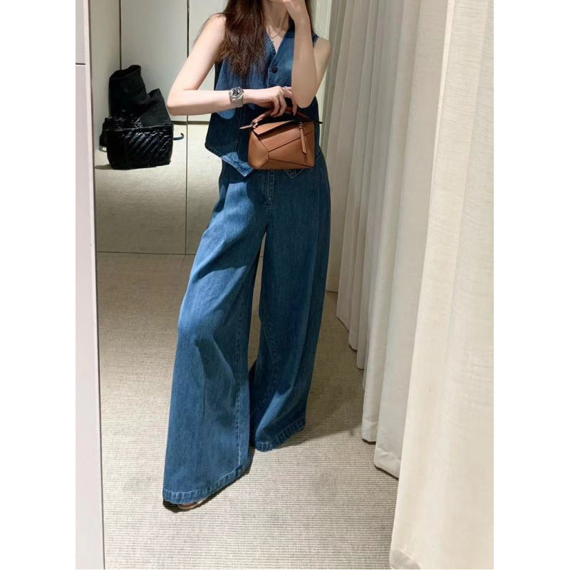 Side view of Sienna denim set showing wide-leg pants in motion – chic street style look